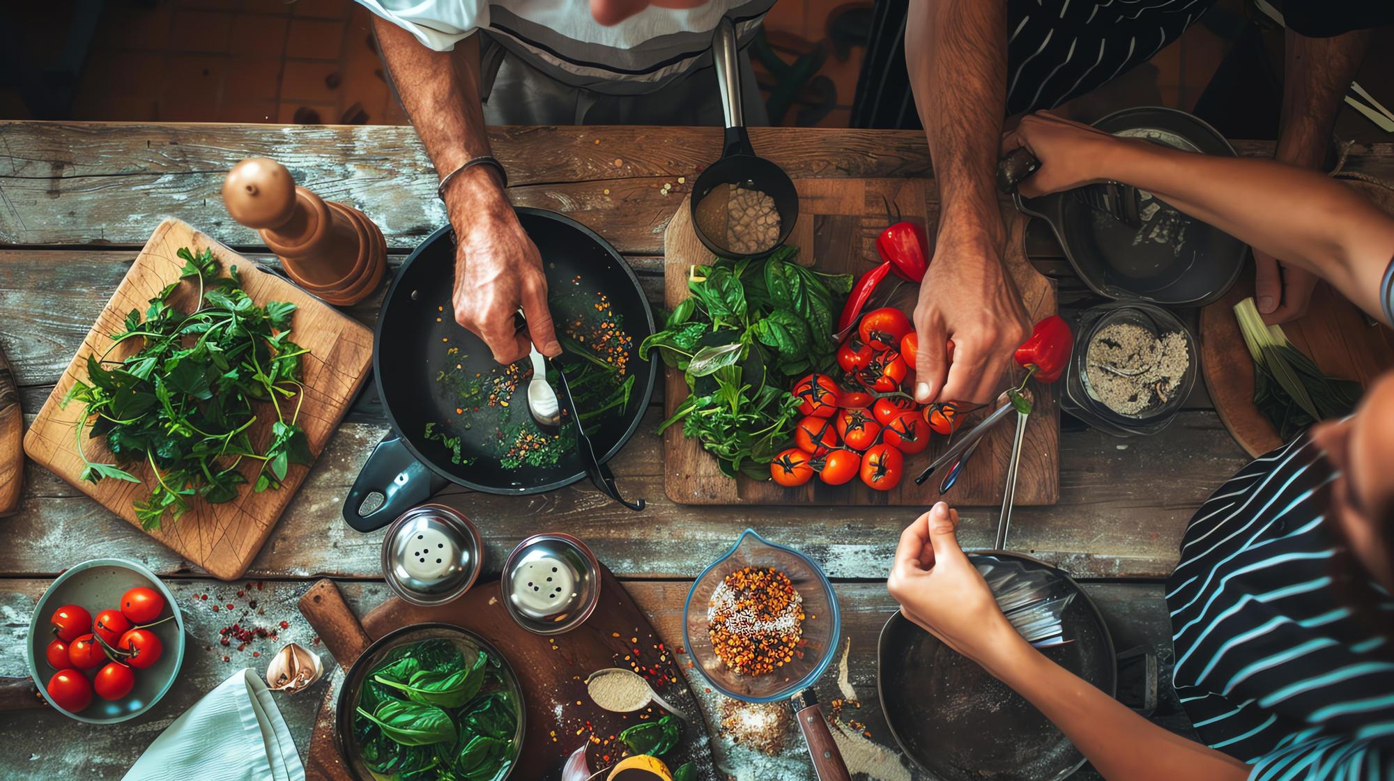 Echipa în bucătărie pregătind ingrediente